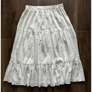 Women Tiered Eyelet Midi Skirt Large White Cottage Peasant Coastal Cowgirl Boho
